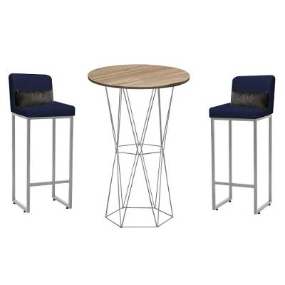 Kit Mesa Bistrô E 2 Banqueta Tampo Caramelo Ferro Cinza Suede Azul Marrom E Almofada Cinza
