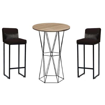 Kit Mesa Bistrô E 2 Banqueta Tampo Caramelo Ferro Preto Corino Marrom E Almofada Cinza