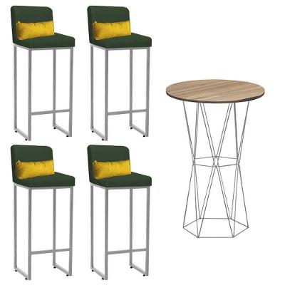 Kit Mesa Bistrô E 4 Banqueta Tampo Imbuia Ferro Cinza Suede Verde E Almofada Amarelo