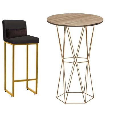 Kit Mesa Bistrô E 1 Banqueta Tampo Carvalho Ferro Dourado Cinza E Almofada Marrom