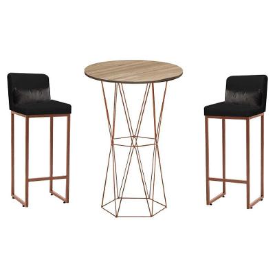 Kit Mesa Bistrô E 2 Banqueta Tampo Freijó Ferro Bronze Suede Preto E Almofada Cinza