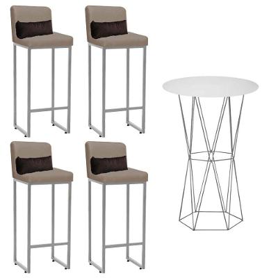 Kit Mesa Bistrô E 4 Banqueta Tampo Branco Ferro Cinza Bege E Almofada Marrom