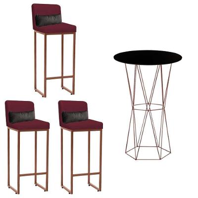 Kit Mesa Bistrô E 3 Banqueta Tampo Preto Ferro Bronze Suede Bordô E Almofada Cinza