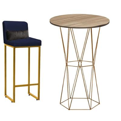 Kit Mesa Bistrô E 1 Banqueta Tampo Freijó Ferro Dourado Suede Azul Marrom E Almofada Cinza