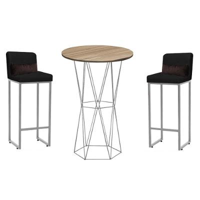 Kit Mesa Bistrô E 2 Banqueta Tampo Caramelo Ferro Prata Preto E Almofada Marrom