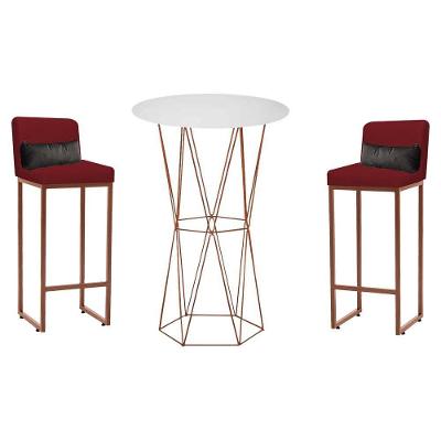 Kit Mesa Bistrô E 2 Banqueta Tampo Branco Ferro Bronze Vermelho E Almofada Cinza