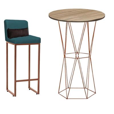 Kit Mesa Bistrô E 1 Banqueta Tampo Rústico Ferro Bronze Suede Azul Turquesa E Almofada Marrom