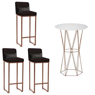 Kit Mesa Bistrô E 3 Banqueta Tampo Branco Ferro Bronze Marrom E Almofada Cinza