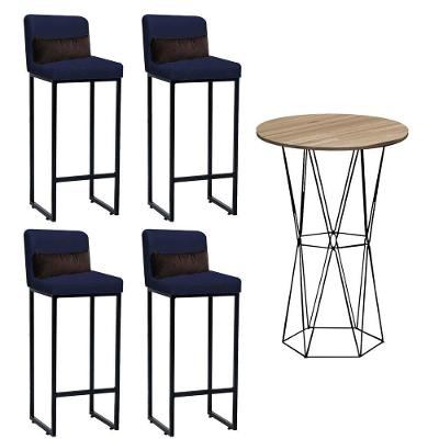 Kit Mesa Bistrô E 4 Banqueta Tampo Castanho Ferro Preto Corino Azul Marinho E Almofada Marrom