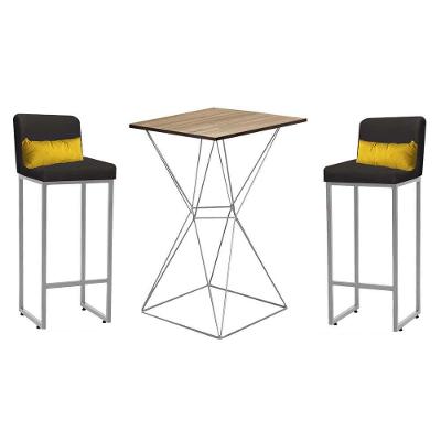 Kit Mesa E 2 Banqueta Ferro Prata Cinza E Almofada Amarelo - Ahazzo Móveis