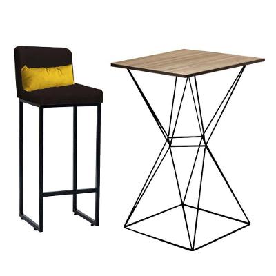 Kit Mesa E 1 Banqueta Tampo Rústico Ferro Preto Sintético Marrom E Almofada Amarelo - Ahazzo Móveis