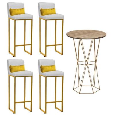 Kit Mesa Bistrô E 4 Banqueta Tampo Madeira Ferro Dourado Corino Branco E Almofada Amarelo