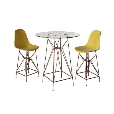 Jogo Mesa Bistrô Eames Vidro 60Cm 2 Banquetas Amarela Base Ferro Cobre - Cor: Branco