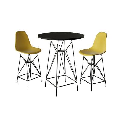 Jogo Mesa Bistrô Eames Preta 60Cm 2 Banquetas Amarela Base Ferro Preto - Cor: Preto