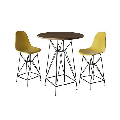 Jogo Mesa Bistrô Eames Tampo Amêndoa 60Cm 2 Banquetas Amarela Base Ferro Preto - Cor: Amendoa