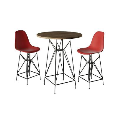 Jogo Mesa Bistrô Eames Tampo Amêndoa 60Cm 2 Banquetas Vermelha Base Ferro Preto - Cor: Amendoa