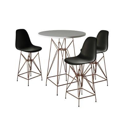 Jogo Mesa Bistrô Eames Branca 60Cm 3 Banquetas Preta Base Ferro Cobre - Cor: Branco