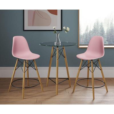 Mesa Bistrô Eames Eiffel Vidro Com 2 Banquetas Rosas De Madeira - Cor: Rosa
