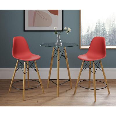 Mesa Bistrô Eames Eiffel Vidro Com 2 Banquetas Vermelhas De Madeira - Cor: Vermelho