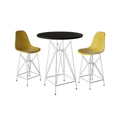 Jogo Mesa Bistrô Eames Preta 60Cm 2 Banquetas Amarela Base Ferro Branco - Cor: Preto