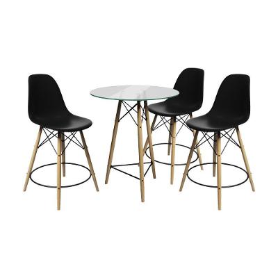 Conjunto Mesa Bistrô Eames Eiffel Vidro Com 3 Banquetas Pretas De Madeira - Cor: Preto