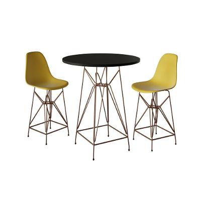 Jogo Mesa Bistrô Eames Preta 60Cm 2 Banquetas Amarela Base Ferro Cobre - Cor: Preto