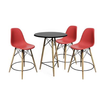 Conjunto Mesa Bistrô Eames Eiffel Preta Com 3 Banquetas Vermelhas De Madeira - Cor: Preto
