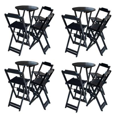 Kit 4 Conjuntos De Mesa Bistrô Dobravel Em Madeira Maciça Com 3 Banquetas Altas - Preto - Preto