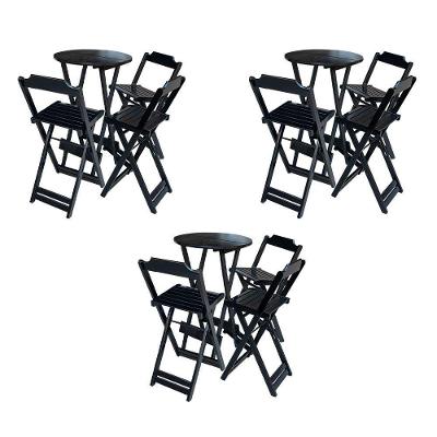 Kit 3 Conjuntos De Mesa Bistrô Dobraveis Em Madeira Padrão Com 3 Banquetas Altas - Preto - Preto