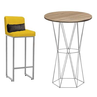 Kit Mesa Bistrô E 1 Banqueta Tampo Carvalho Ferro Cinza Amarelo E Almofada Cinza