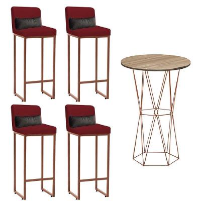 Kit Mesa Bistrô E 4 Banqueta Tampo Imbuia Ferro Bronze Corino Vermelho E Almofada Cinza