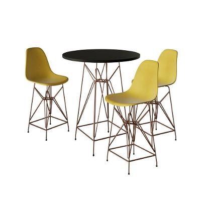 Jogo Mesa Bistrô Eames Preta 60Cm 3 Banquetas Amarela Base Ferro Cobre - Cor: Preto