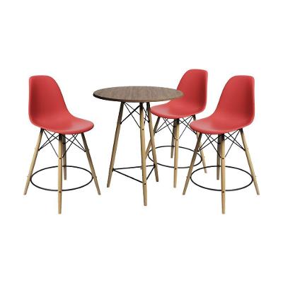 Conjunto Mesa Bistrô Eames Eiffel Amêndoa Com 3 Banquetas Vermelhas De Madeira