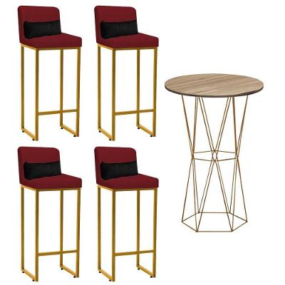 Kit Mesa Bistrô Flork E 4 Banqueta Lucca Ferro Dourado Corino Vermelho E Almofada Preto