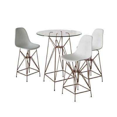 Jogo Mesa Bistrô Eames Eiffel Vidro 60Cm 3 Banquetas Branca Base Ferro Cobre - Cor: Branco