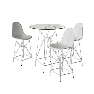 Jogo Mesa Bistrô Eames Eiffel Vidro 60Cm 3 Banquetas Branca Base Ferro Branco - Cor: Branco