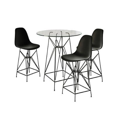 Jogo Mesa Bistrô Eames Eiffel Vidro 60Cm 3 Banquetas Preta Base Ferro Preto - Cor: Branco