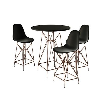 Jogo Mesa Bistrô Eames Eiffel Preta 60Cm 3 Banquetas Preta Base Ferro Cobre - Cor: Preto