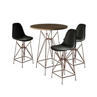 Jogo Mesa Bistrô Eames Eiffel Amêndoa 60Cm 3 Banquetas Preta Base Ferro Cobre - Cor: Marrom