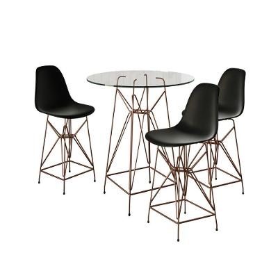Jogo Mesa Bistrô Eames Eiffel Vidro 60Cm 3 Banquetas Preta Base Ferro Cobre - Cor: Branco