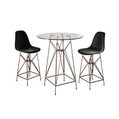 Jogo Mesa Bistrô Eames Eiffel Vidro 60Cm 2 Banquetas Preta Base Ferro Cobre - Cor: Branco