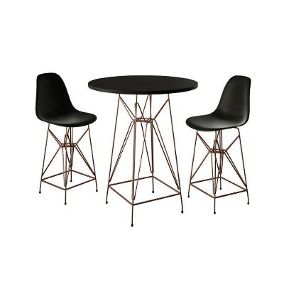 Jogo Mesa Bistrô Eames Eiffel Preta 60Cm 2 Banquetas Preta Base Ferro Cobre - Cor: Preto