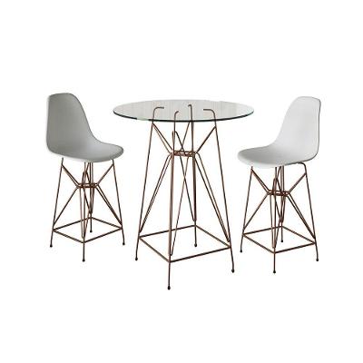 Jogo Mesa Bistrô Eames Eiffel Vidro 60Cm 2 Banquetas Branca Base Ferro Cobre - Cor: Marrom