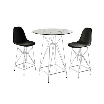 Jogo Mesa Bistrô Eames Eiffel Vidro 60Cm 2 Banquetas Preta Base Ferro Branco - Cor: Branco