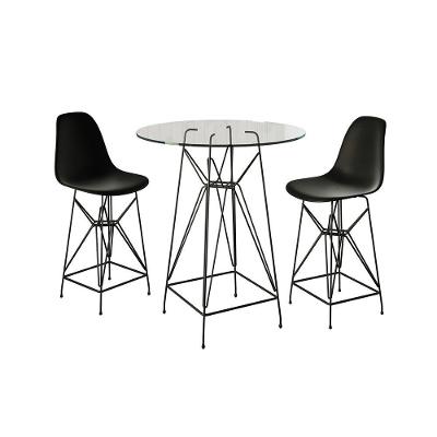 Jogo Mesa Bistrô Eames Eiffel Vidro 60Cm 2 Banquetas Preta Base Ferro Preto - Cor: Marrom