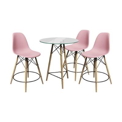 Conjunto Mesa Bistrô Eames Eiffel Vidro Com 3 Banquetas Rosas De Madeira - Cor: Marrom