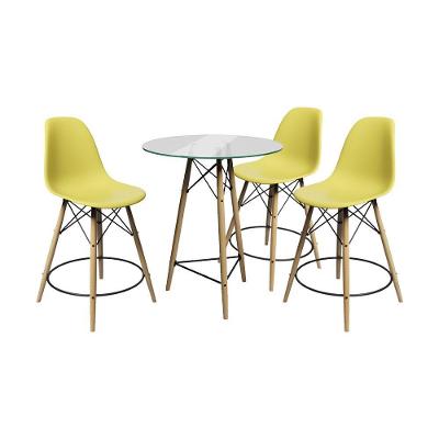 Conjunto Mesa Bistrô Eames Eiffel Vidro Com 3 Banquetas Amarelas De Madeira - Cor: Marrom