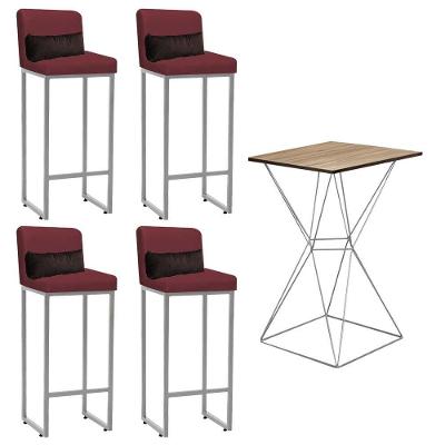 Kit Mesa Bistrô Flork E 4 Banqueta Bordô E Almofada Marrom