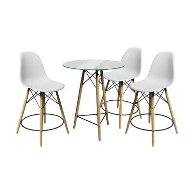 Conjunto Mesa Bistrô Eames Eiffel Vidro Com 3 Banquetas Brancas De Madeira - Cor: Marrom