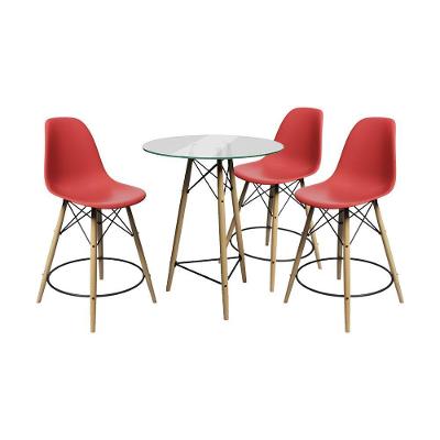 Conjunto Mesa Bistrô Eames Eiffel Vidro Com 3 Banquetas Vermelhas De Madeira - Cor: Marrom